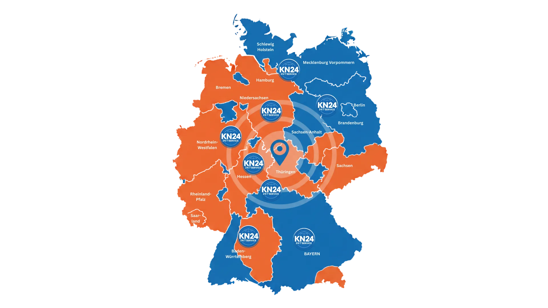 Karte von Deutschland: bundesweiter mobiler 24/7 Tankpannenservice in allen Bundesländern
