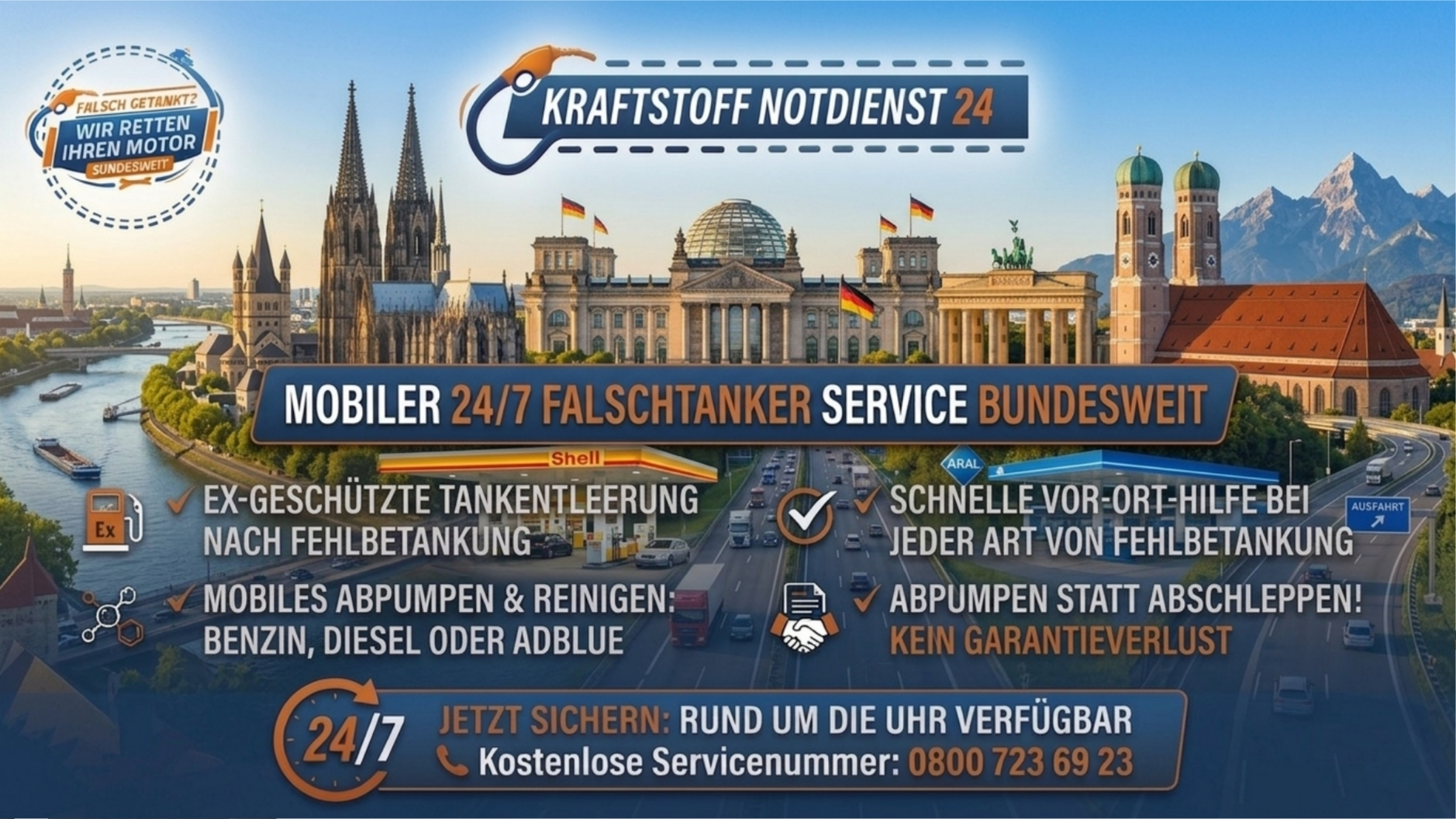 ⛽ Falsch getankt? Bundesweite mobile 24/7 Soforthilfe 📞 08007236923
