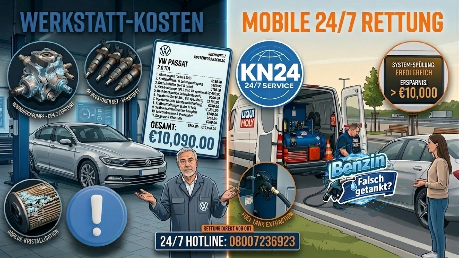 ⛽ KOSTENVORANSCHLAG: VW Partner Hilfe nach Fehlbetankung und Motorstart 📞 08007236923