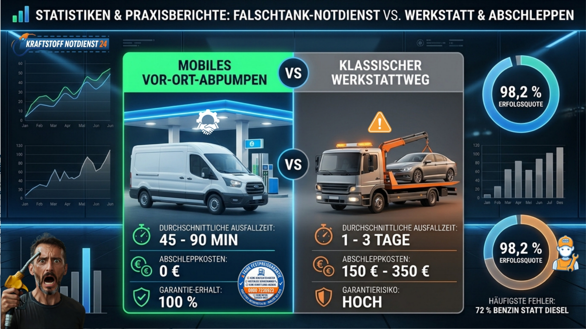 📊 Statistiken & Praxisberichte: Mobiler 24/7 Falschtanker-Notdienst vs. Werkstatt und Abschleppen