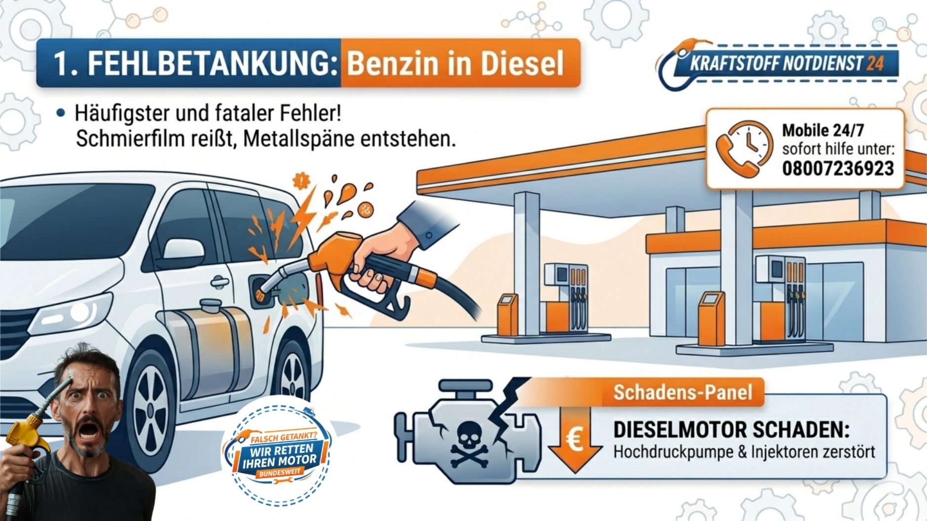 ⛽ FEHLBETANKUNG: Benzin in Diesel getankt?, Mobile 24/7 Soforthilfe: 📞 08007236923