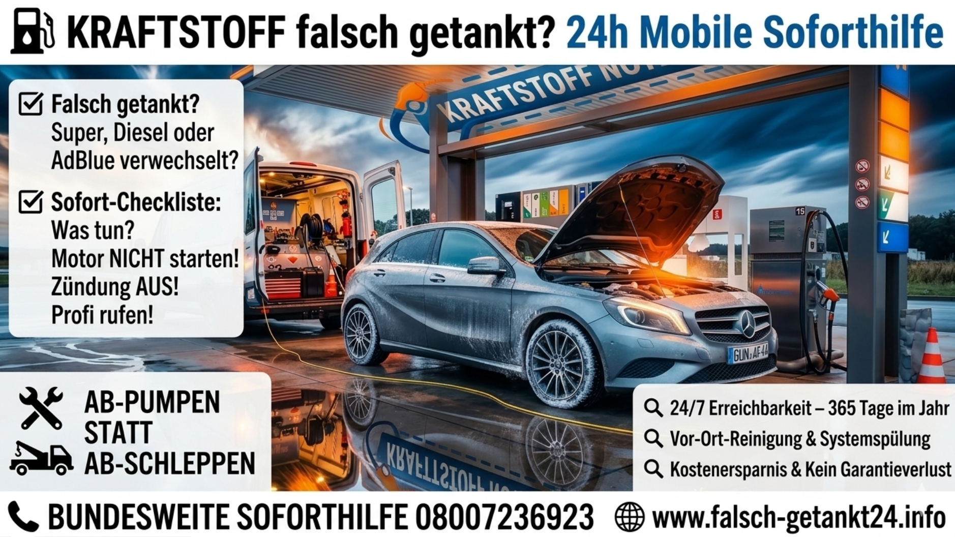⛽ KRAFTSTOFF falsch getankt? 24h Mobile Soforthilfe 📞 08007236923