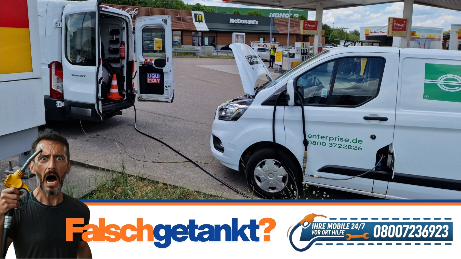 ⛽ Mietwagen falsch getankt? Hilfe nach Motorstart und Fahrt 📞 08007236923