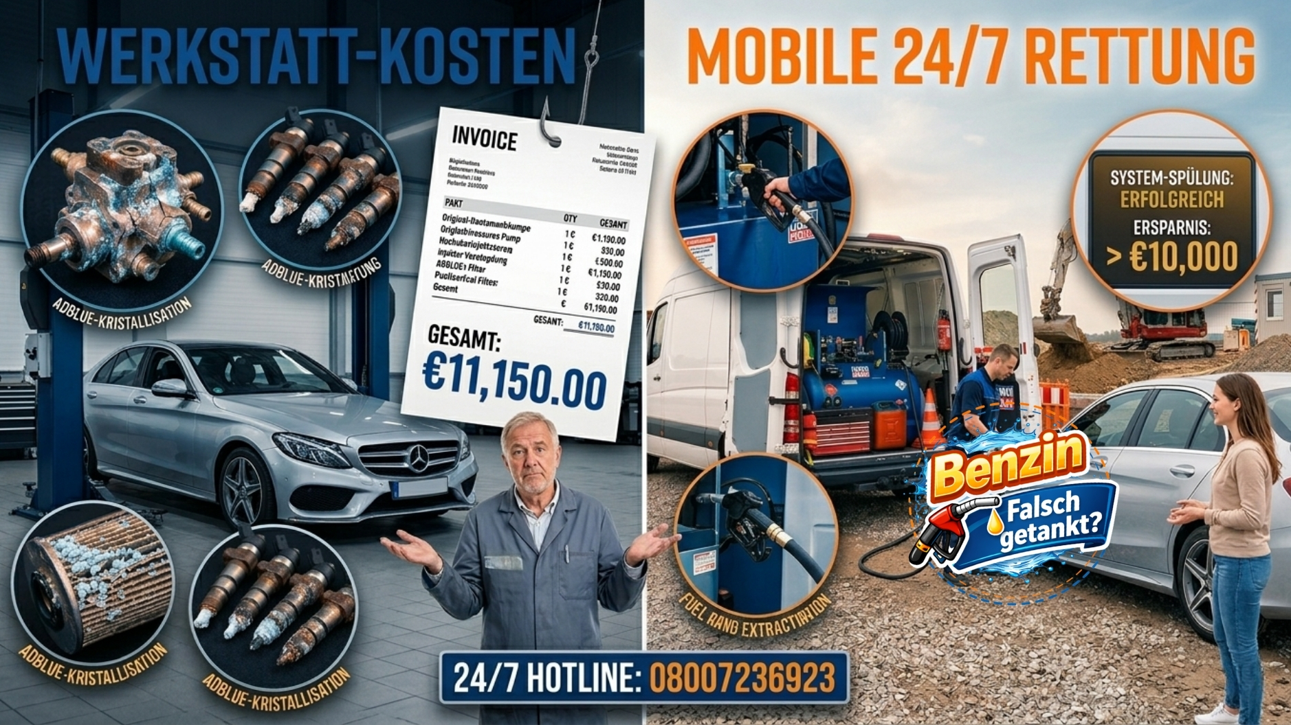 ⛽ KOSTENVORANSCHLAG: Mercedes Niederlassung Hilfe nach Fehlbetankung und Motorstart 📞 08007236923