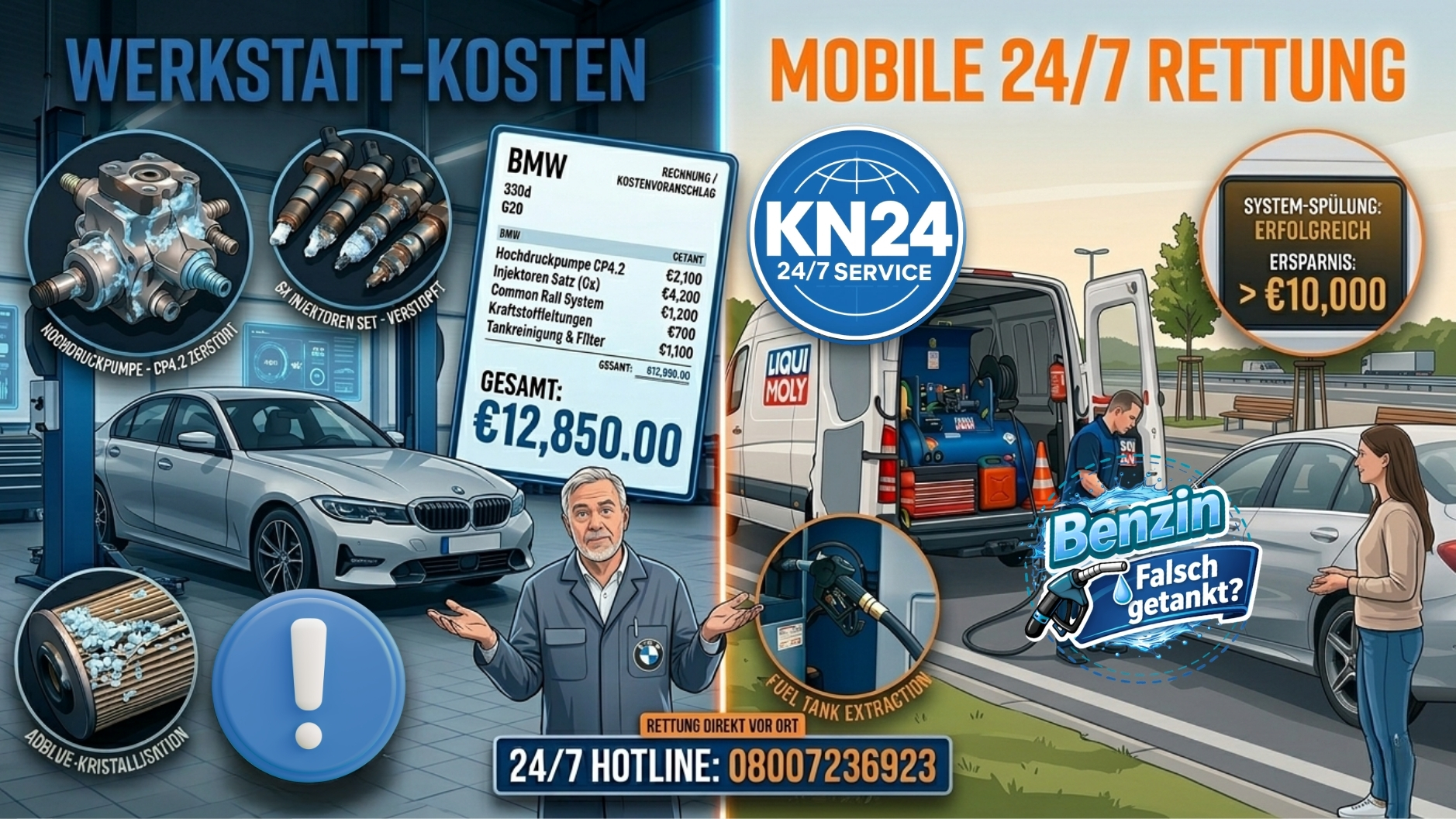 ⛽ KOSTENVORANSCHLAG: BMW Niederlassung Hilfe nach Fehlbetankung und Motorstart 📞 08007236923
