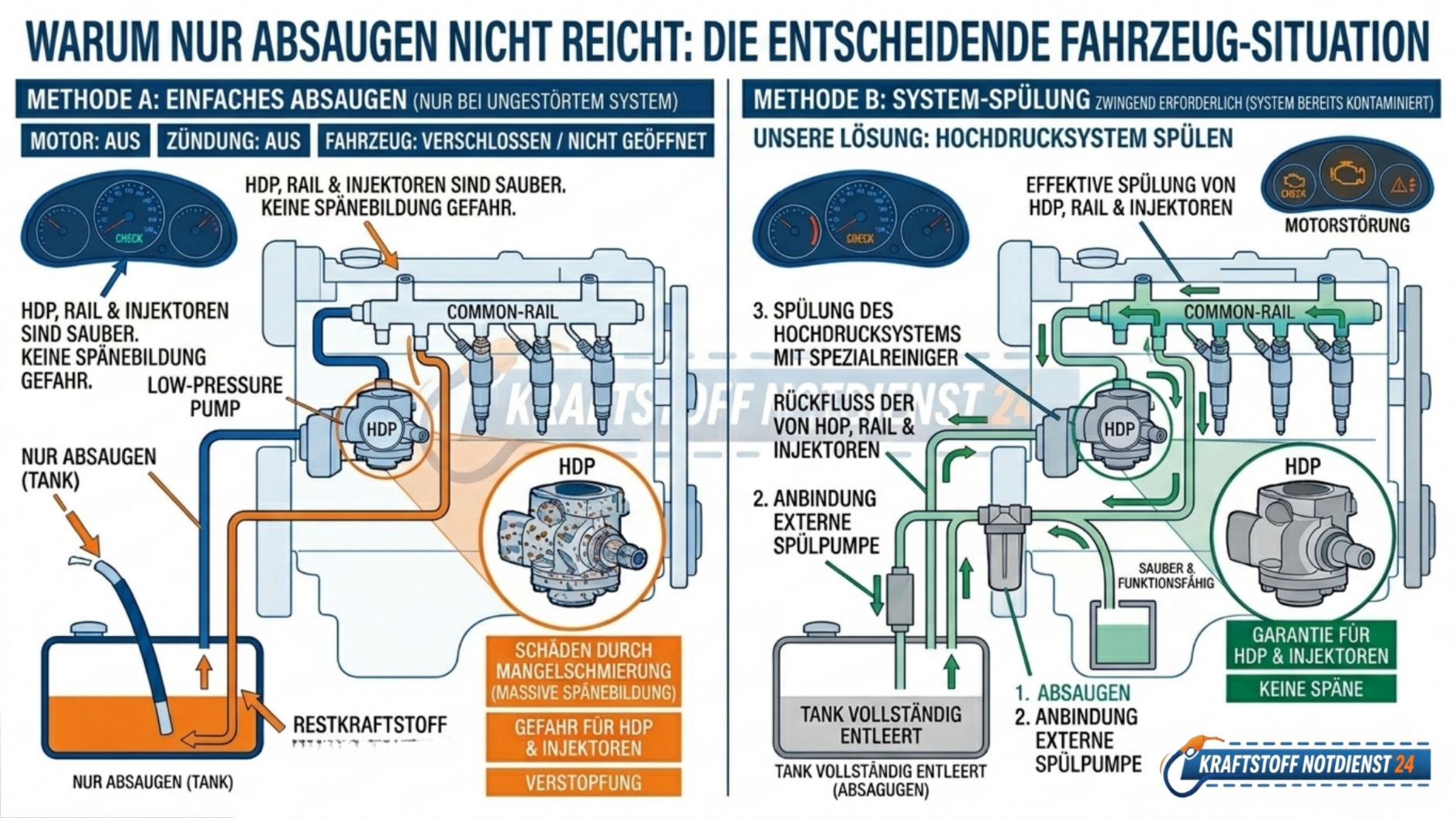 Warum einfaches Absaugen nicht reicht:** System-Spülung zwingend erforderlich